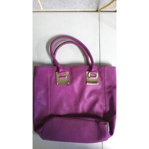 Purple Saffiano Faux Leather Tote Bag Gold Hardware Striped Lining Shopper